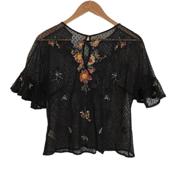 Anthropologie Maeve Embroidered Cadiz Sheer Floral Short Sleeve Top Keyhole Back - Picture 2 of 12